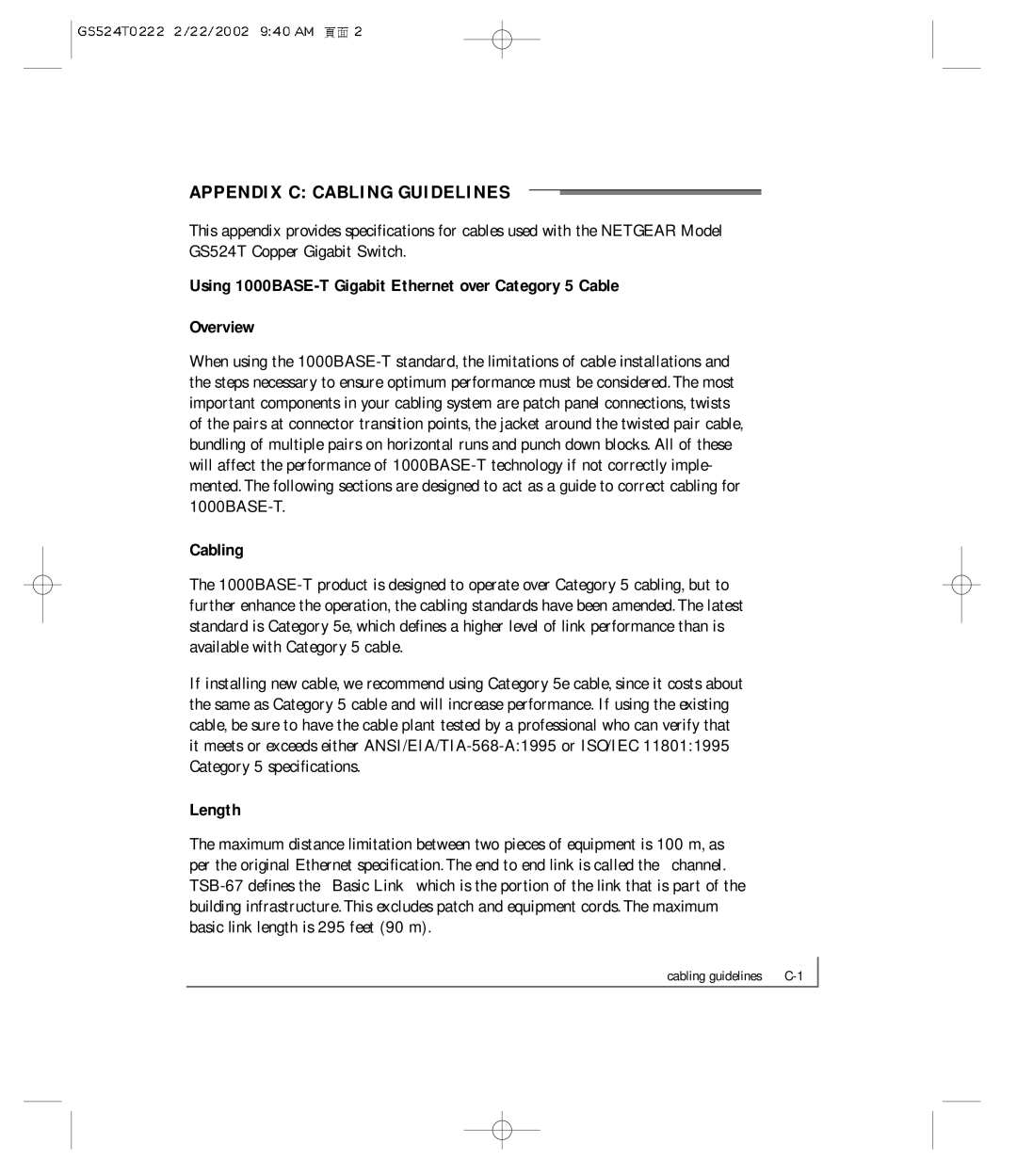 NETGEAR GS524T manual Appendix C Cabling Guidelines, Length 