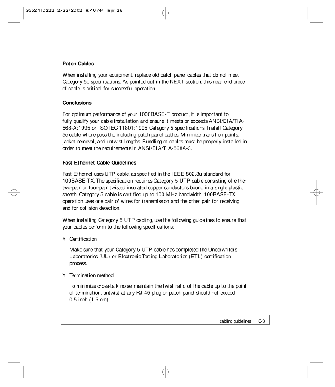 NETGEAR GS524T manual Patch Cables, Conclusions, Fast Ethernet Cable Guidelines 