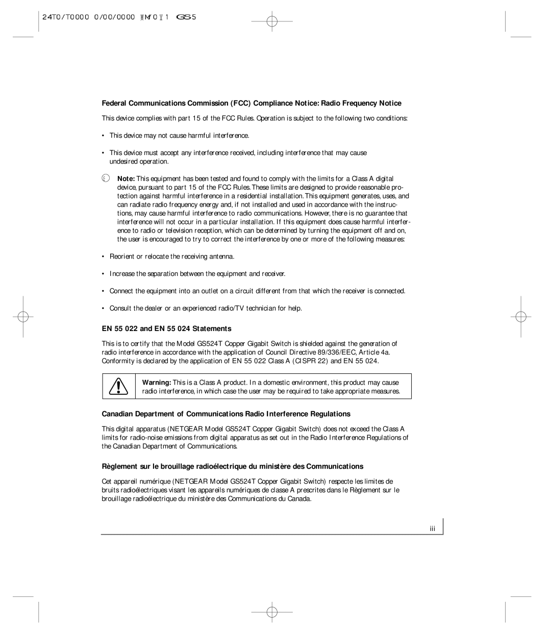 NETGEAR GS524T manual EN 55 022 and EN 55 024 Statements 