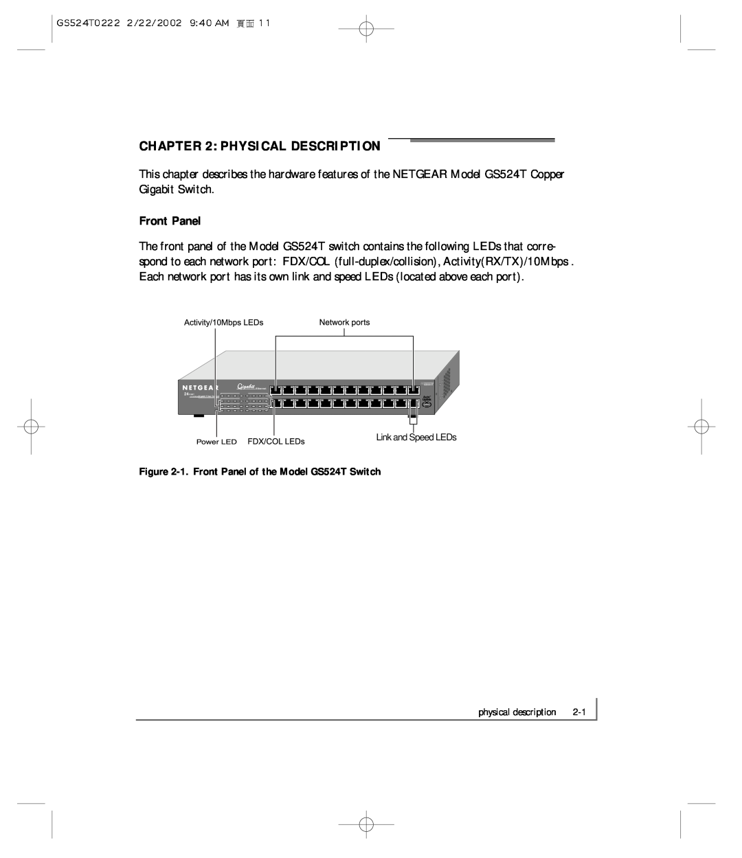 NETGEAR GS524T manual Physical Description, Front Panel 