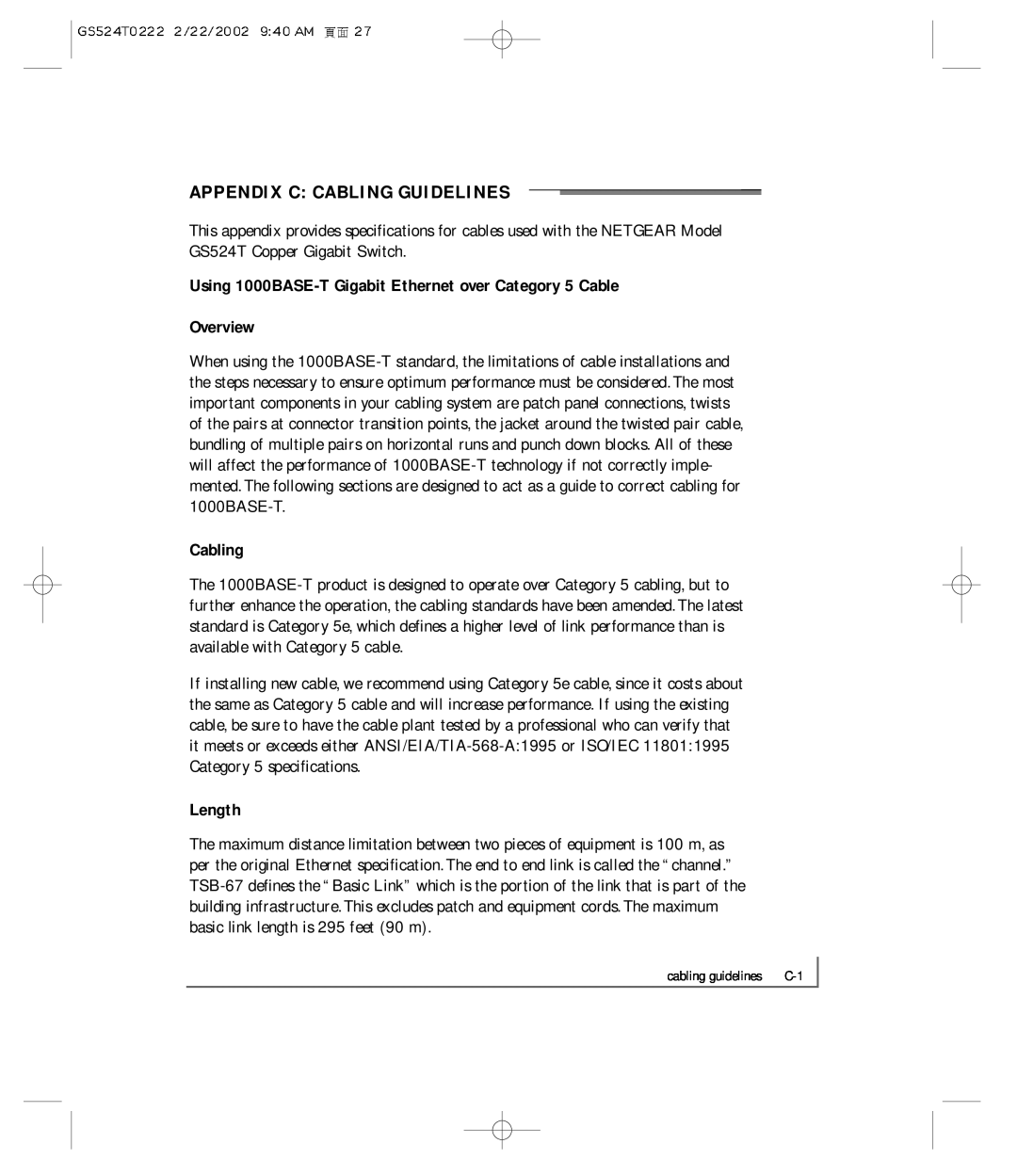 NETGEAR GS524T manual Appendix C Cabling Guidelines, Overview, Length 