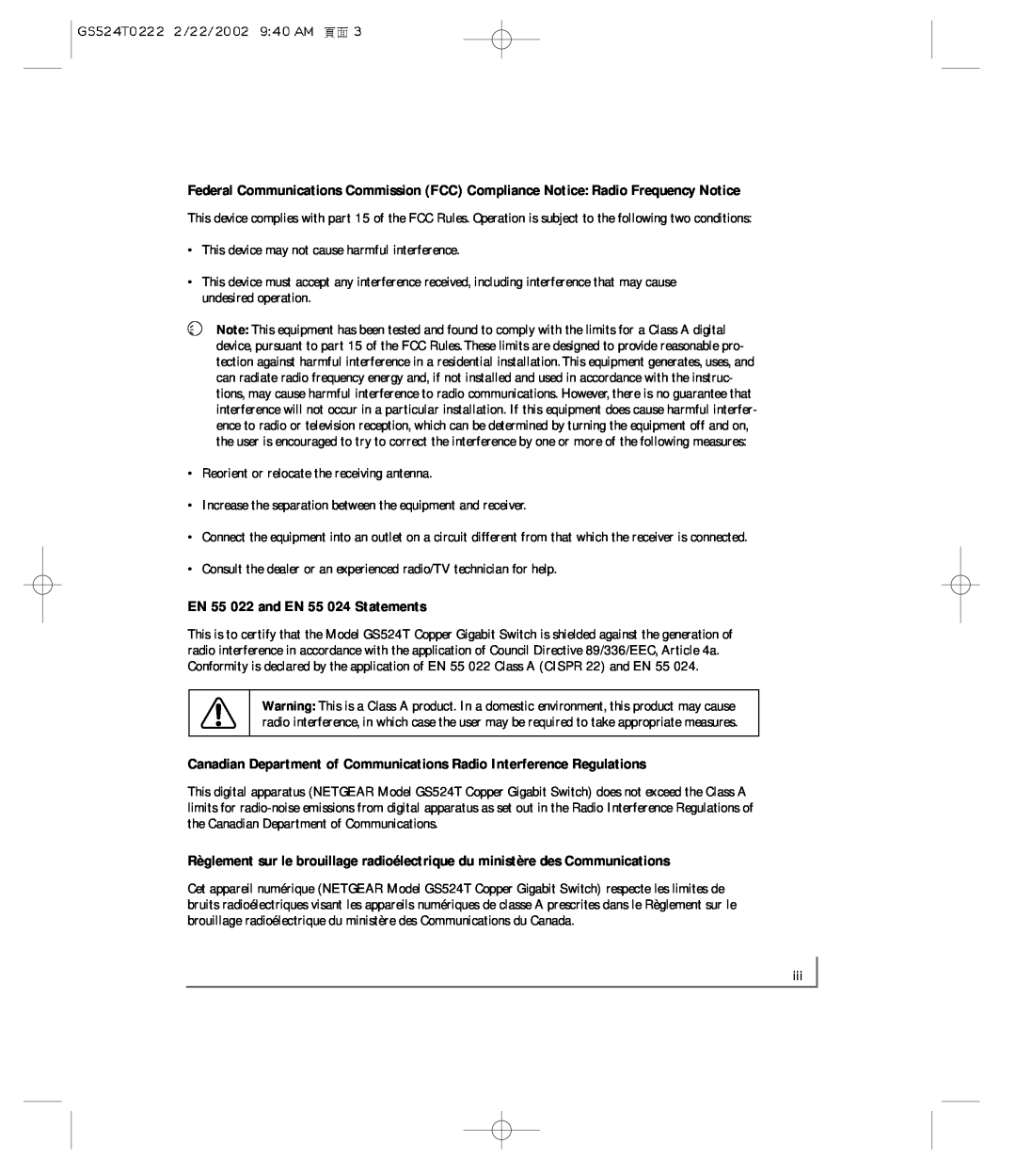 NETGEAR GS524T manual EN 55 022 and EN 55 024 Statements 