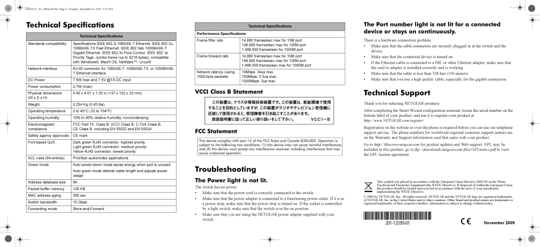 NETGEAR GS605AV-100NAS warranty Technical Specifications, Troubleshooting, Technical Support, Performance Specifications 