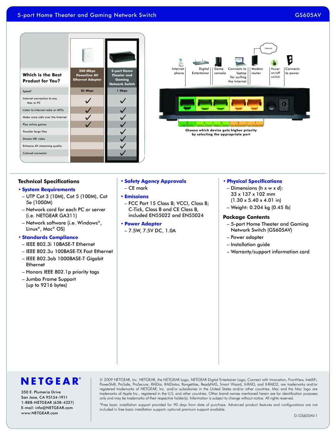 NETGEAR GS605AV manual Technical Specifications, Package Contents 