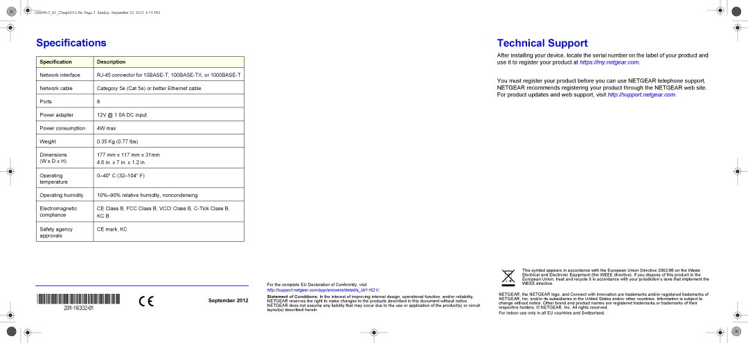 NETGEAR GS608v3 manual Specifications, Technical Support, Specification Description, September 