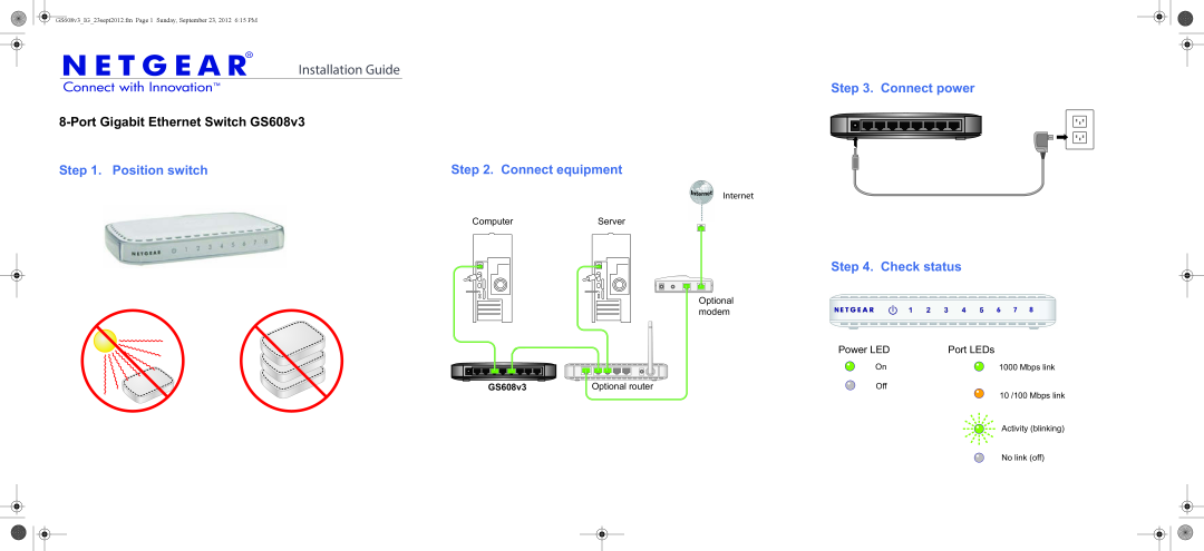 NETGEAR manual Installation Guide, Port Gigabit Ethernet Switch GS608v3, Position switch, Check status, Power LED 
