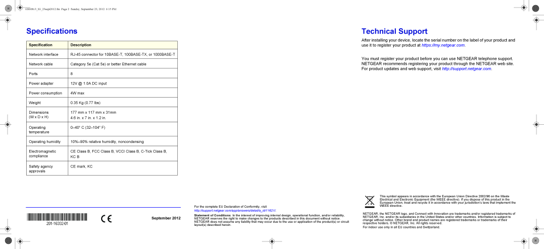 NETGEAR GS608v3 manual Specifications, Technical Support, Description, September 