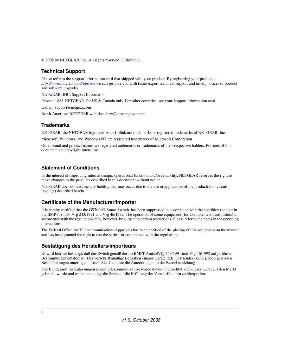 NETGEAR GS700AT Series manual Technical Support 