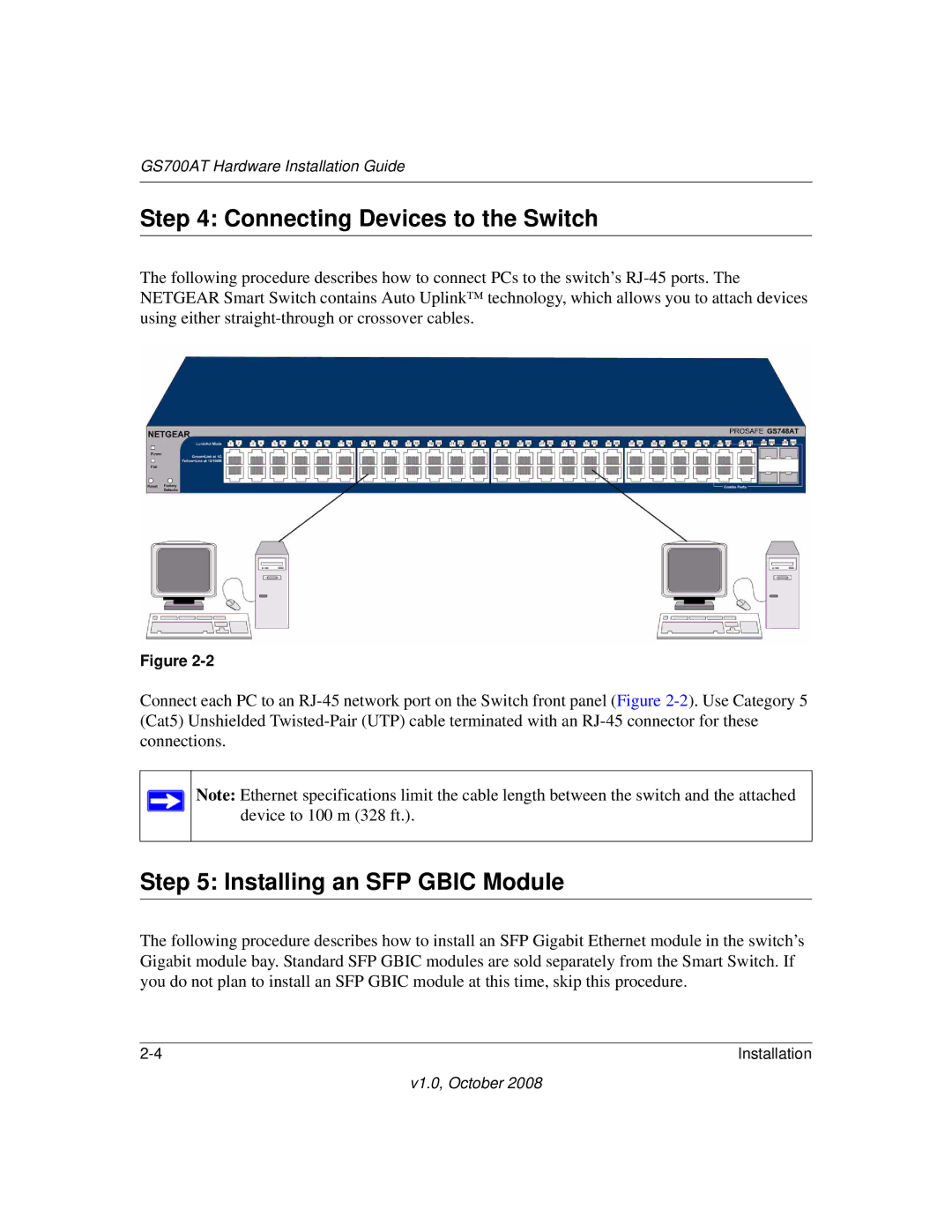 NETGEAR GS700AT Series manual Connecting Devices to the Switch, Installing an SFP Gbic Module 