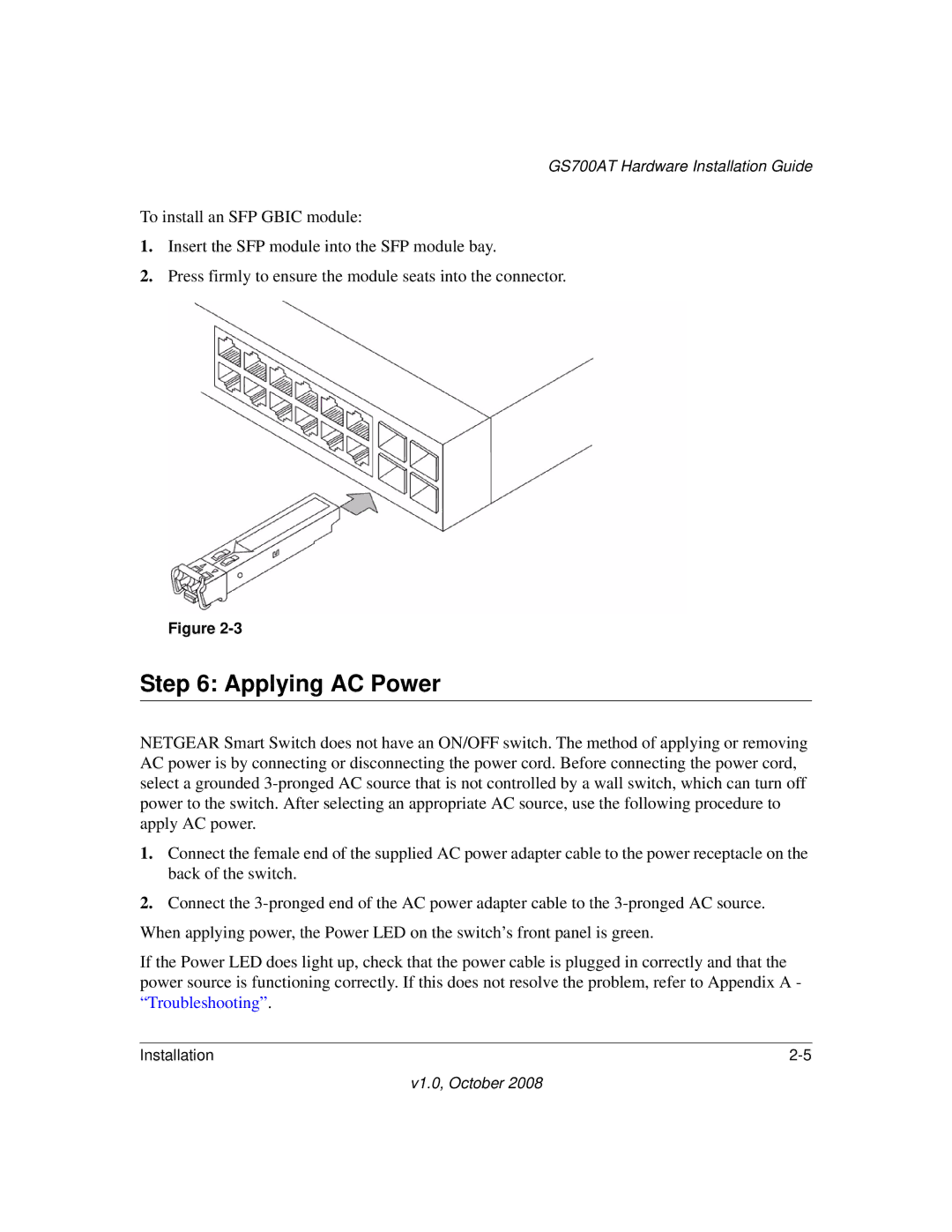 NETGEAR GS700AT Series manual Applying AC Power 