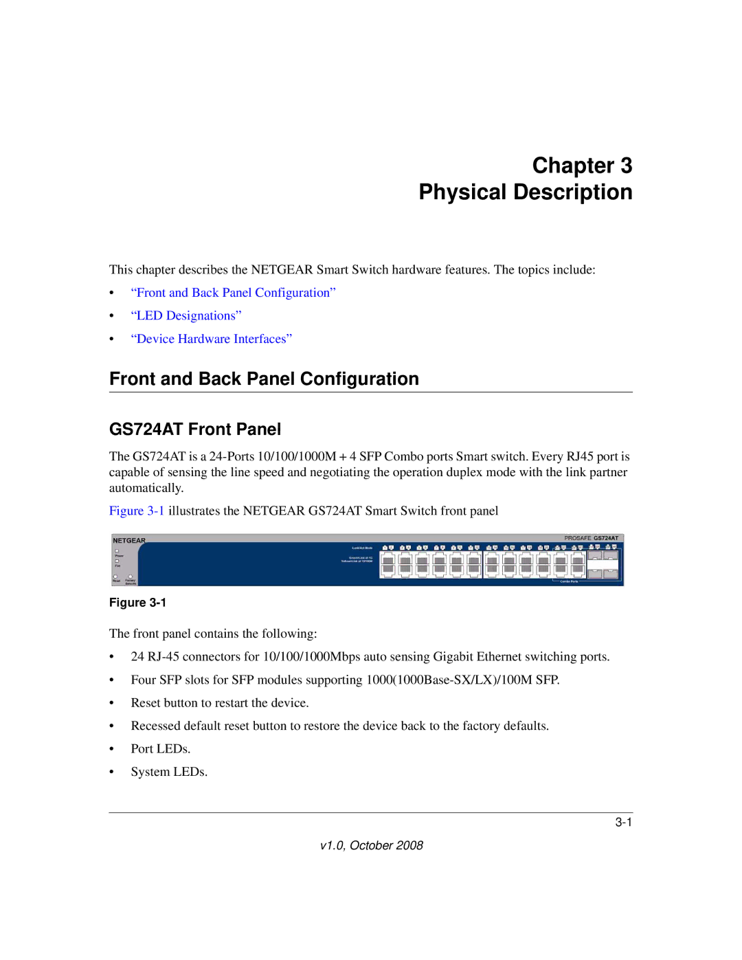 NETGEAR GS700AT Series manual Chapter Physical Description, Front and Back Panel Configuration, GS724AT Front Panel 