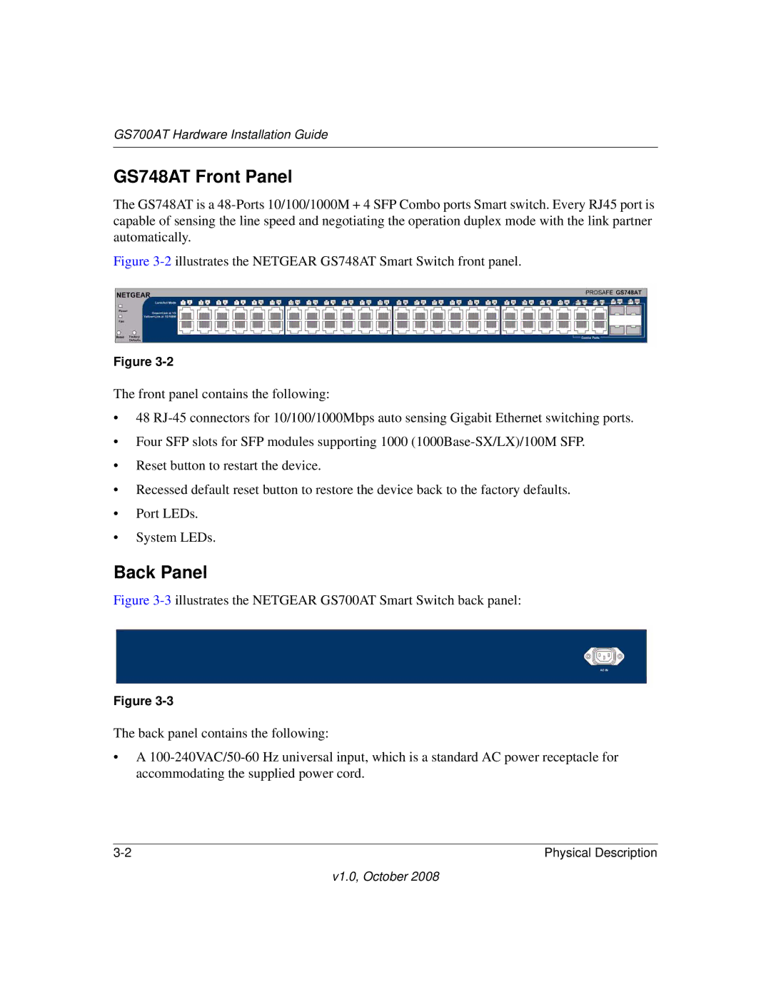 NETGEAR GS700AT Series manual GS748AT Front Panel, Back Panel 