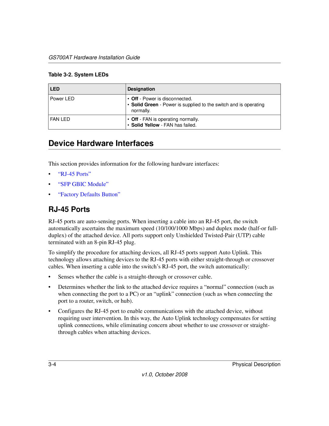 NETGEAR GS700AT Series manual Device Hardware Interfaces, RJ-45 Ports 