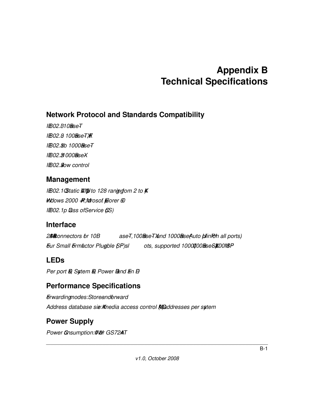 NETGEAR GS700AT Series manual Appendix B Technical Specifications 