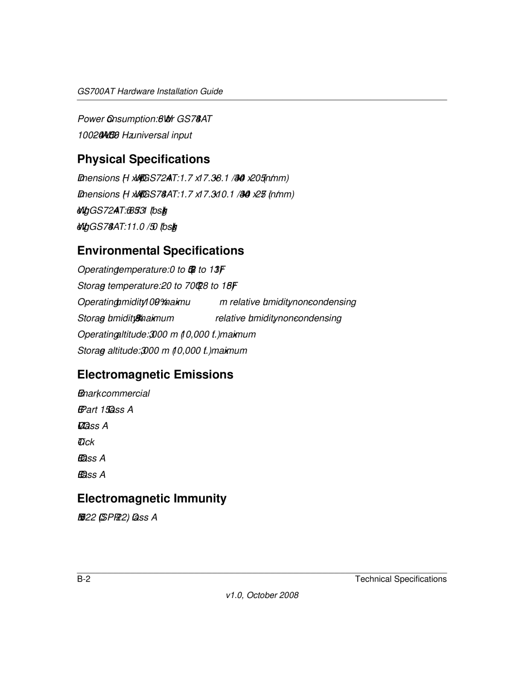 NETGEAR GS700AT Series manual Physical Specifications, Environmental Specifications, Electromagnetic Emissions 