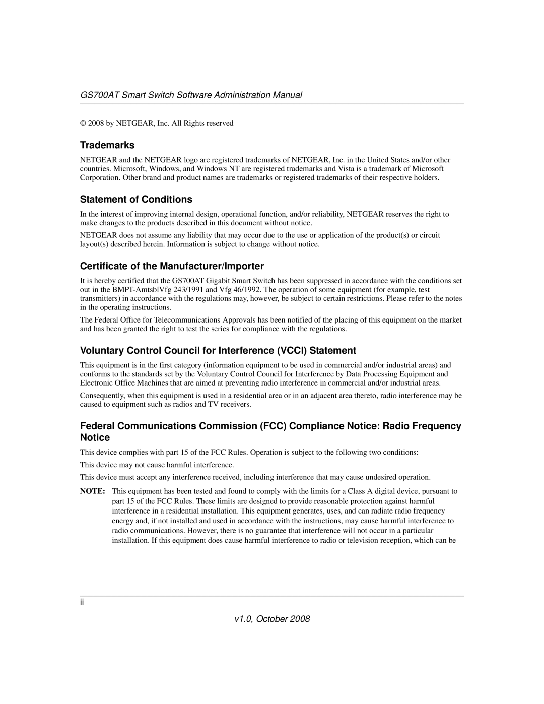 NETGEAR GS700AT manual Trademarks, Statement of Conditions, Certificate of the Manufacturer/Importer 