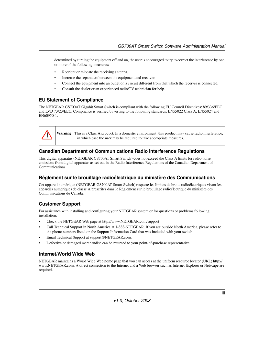 NETGEAR GS700AT manual EU Statement of Compliance, Customer Support, Internet/World Wide Web 