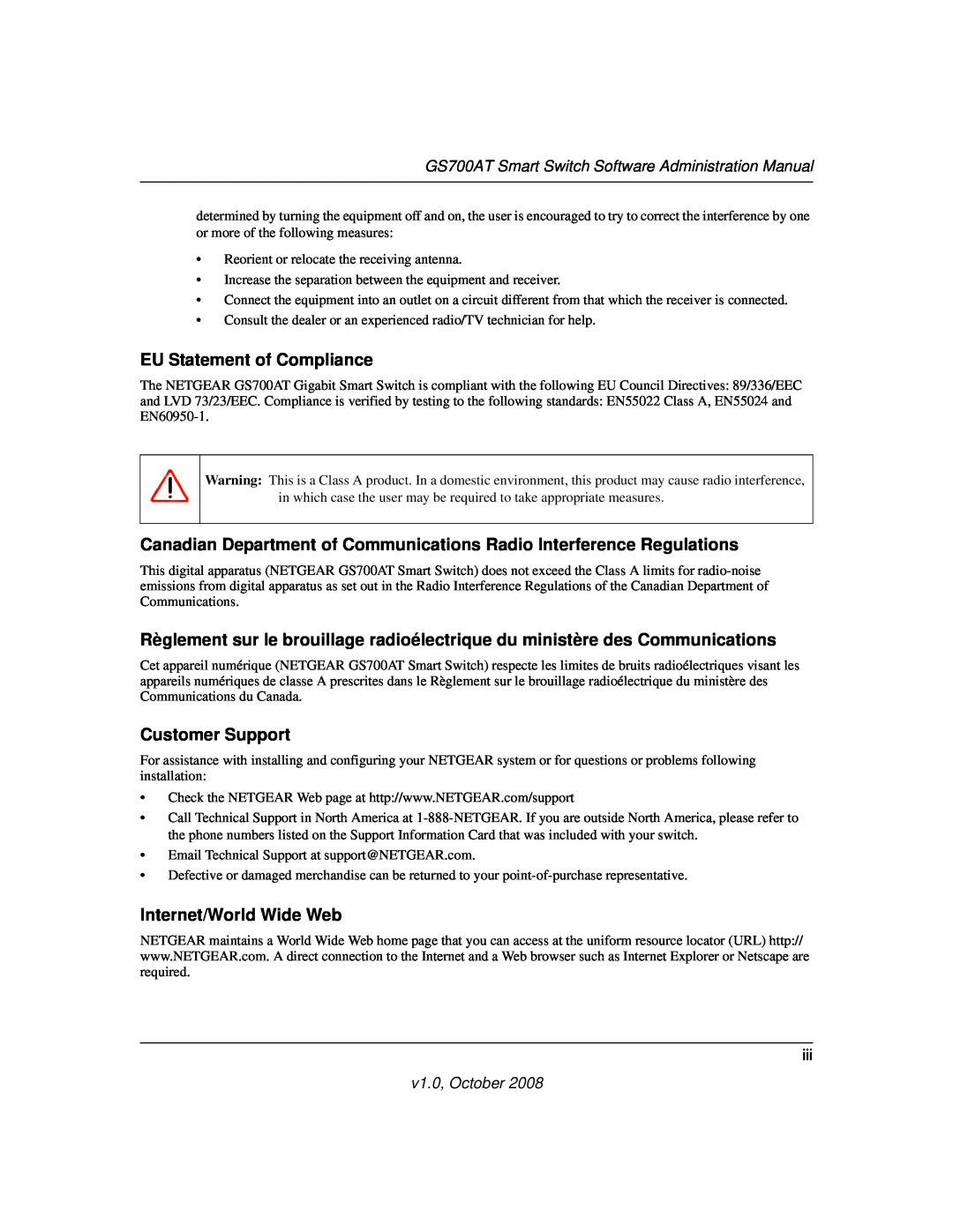 NETGEAR GS700AT manual EU Statement of Compliance, Canadian Department of Communications Radio Interference Regulations 