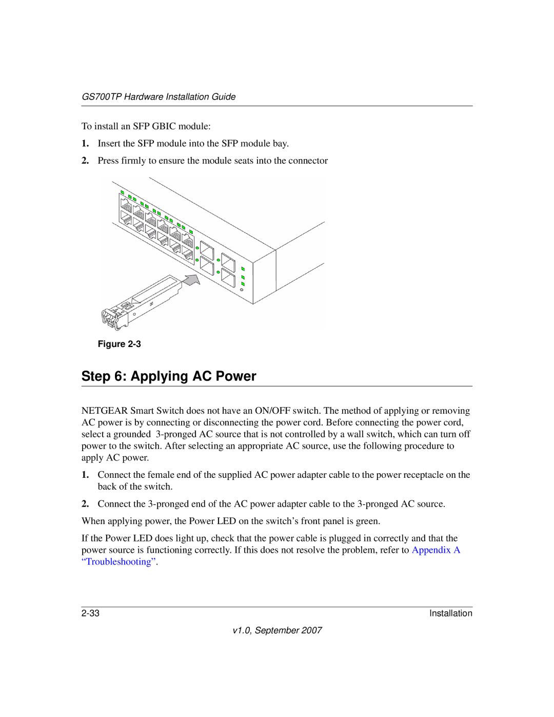 NETGEAR GS724TPS-100NAS, GS700TP, 724TP, GS748TP-100NAS manual Applying AC Power 