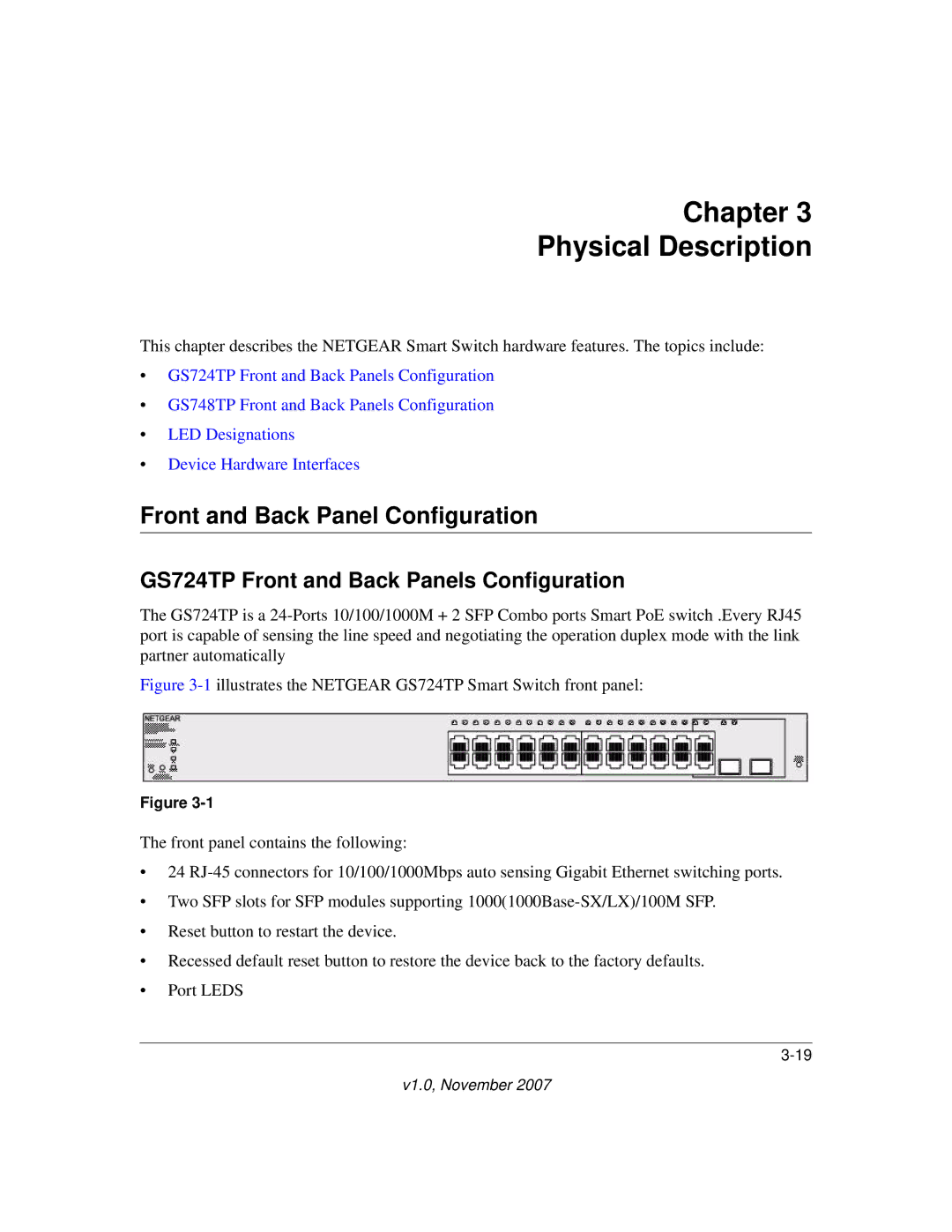 NETGEAR GS748TP-100NAS, GS700TP, 724TP, GS724TPS-100NAS Chapter Physical Description, Front and Back Panel Configuration 