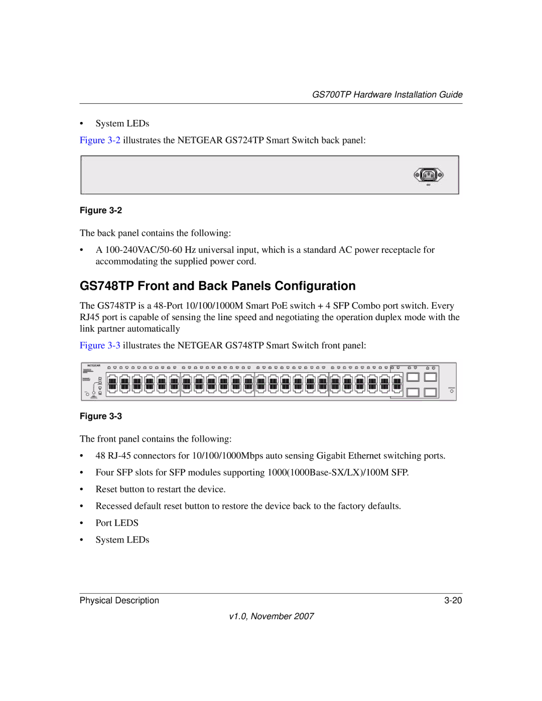 NETGEAR GS724TPS-100NAS, GS700TP, 724TP, GS748TP-100NAS manual GS748TP Front and Back Panels Configuration 