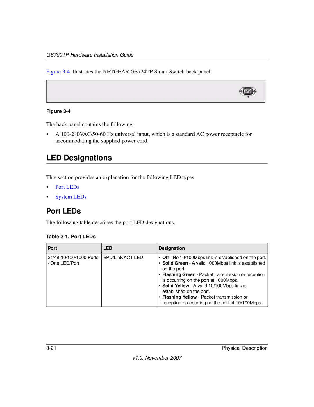 NETGEAR GS700TP, 724TP, GS748TP-100NAS, GS724TPS-100NAS manual LED Designations, Port LEDs 