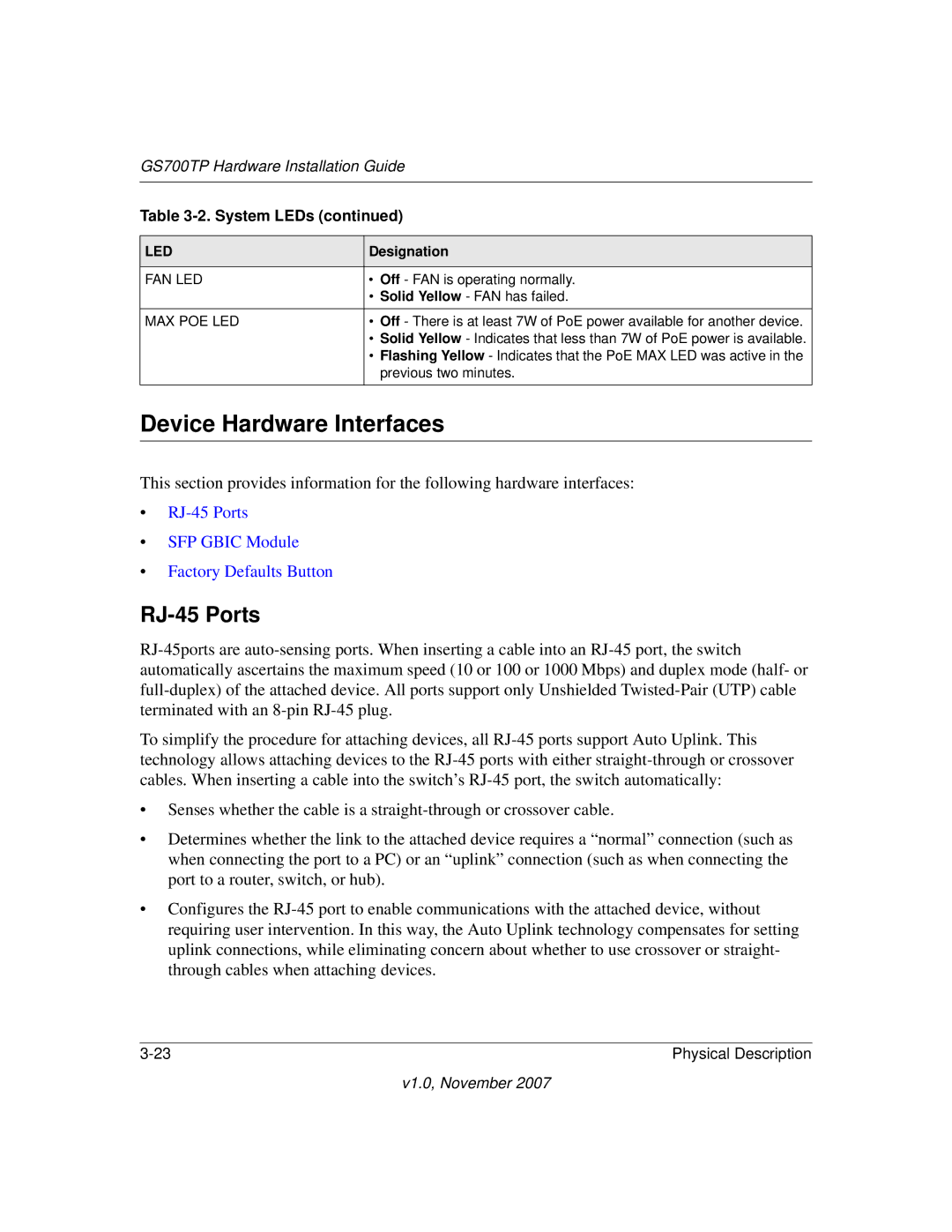 NETGEAR GS724TPS-100NAS, GS700TP, 724TP, GS748TP-100NAS manual Device Hardware Interfaces, RJ-45 Ports 