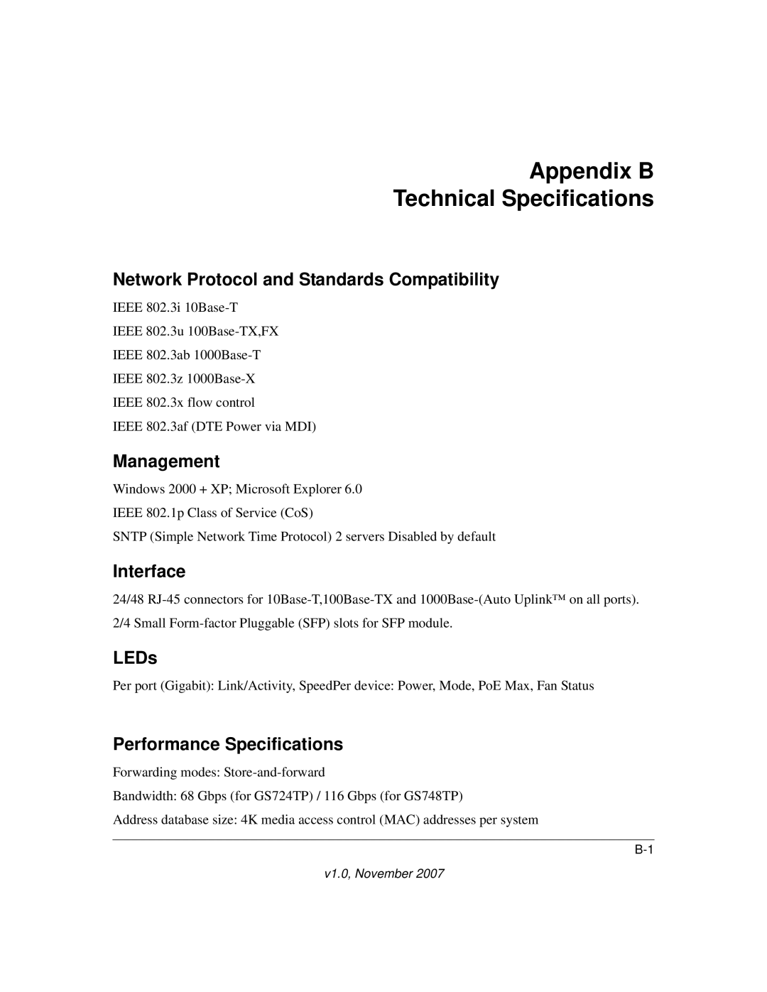 NETGEAR GS748TP-100NAS, GS700TP, 724TP, GS724TPS-100NAS manual Appendix B Technical Specifications 