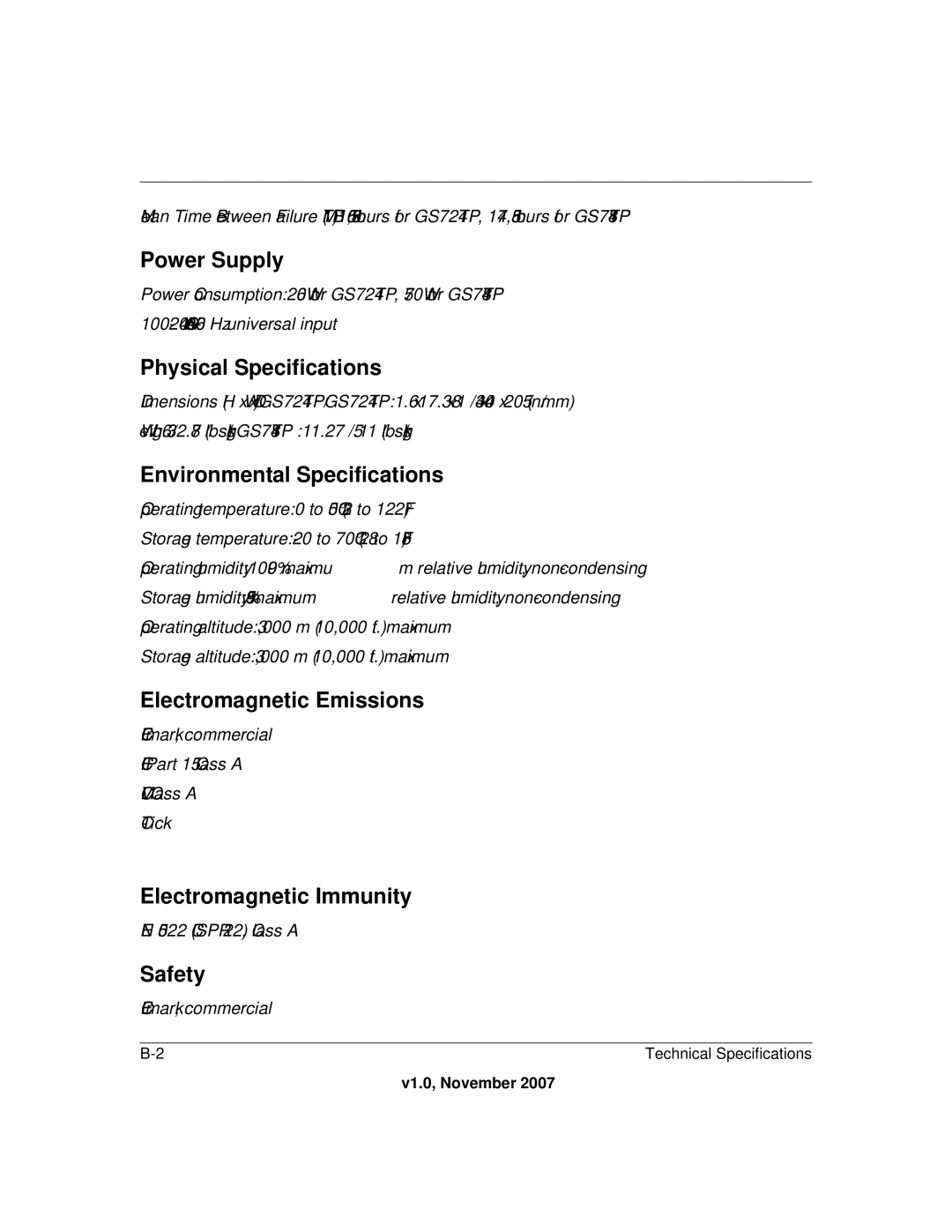 NETGEAR GS724TPS-100NAS Power Supply, Physical Specifications, Environmental Specifications, Electromagnetic Emissions 