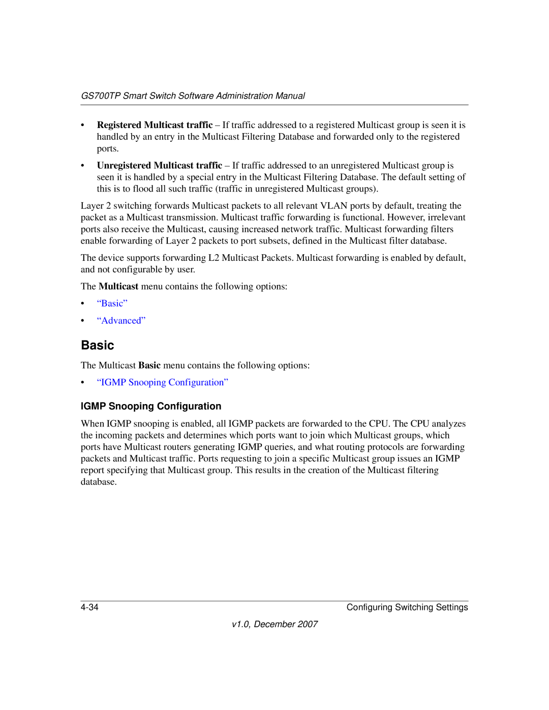 NETGEAR GS700TP manual Basic, Igmp Snooping Configuration 