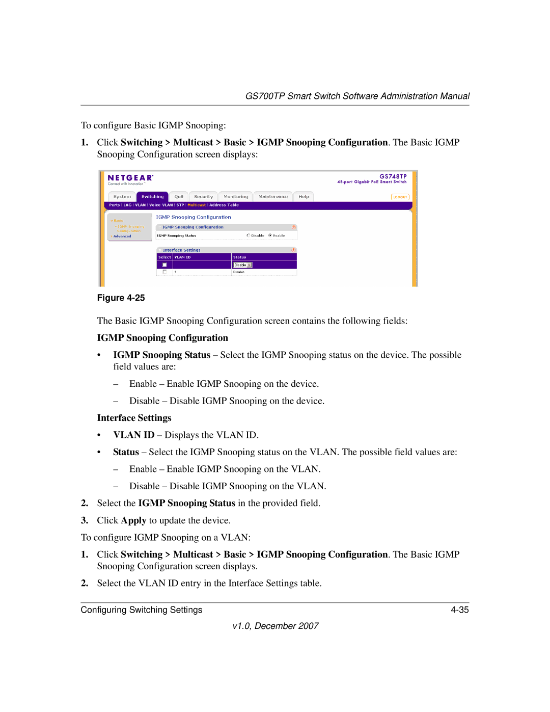 NETGEAR GS700TP manual Igmp Snooping Configuration, Interface Settings 