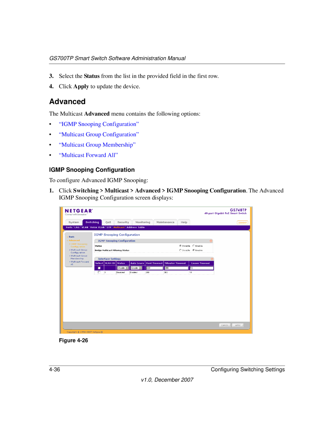 NETGEAR GS700TP manual Multicast Advanced menu contains the following options 