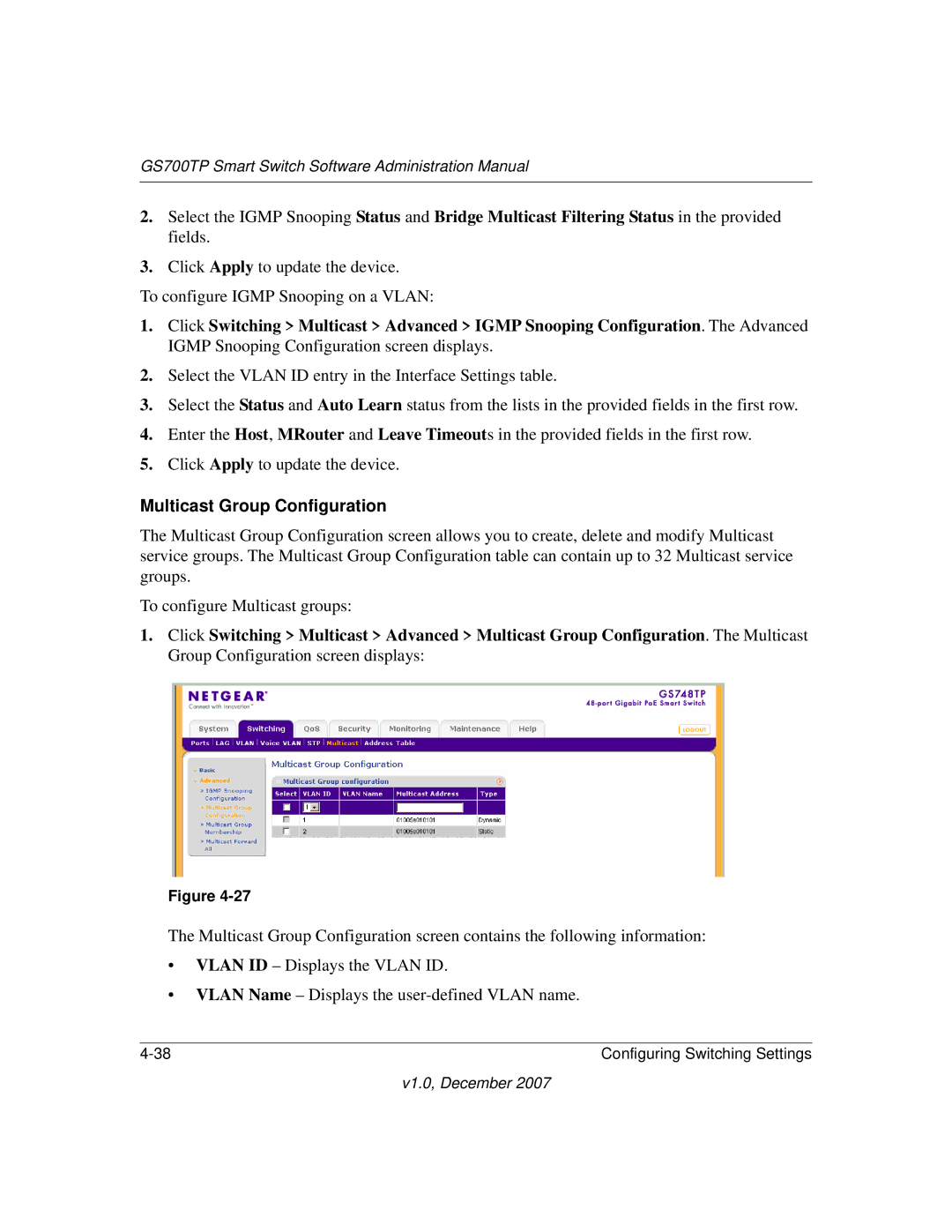 NETGEAR GS700TP manual Multicast Group Configuration 