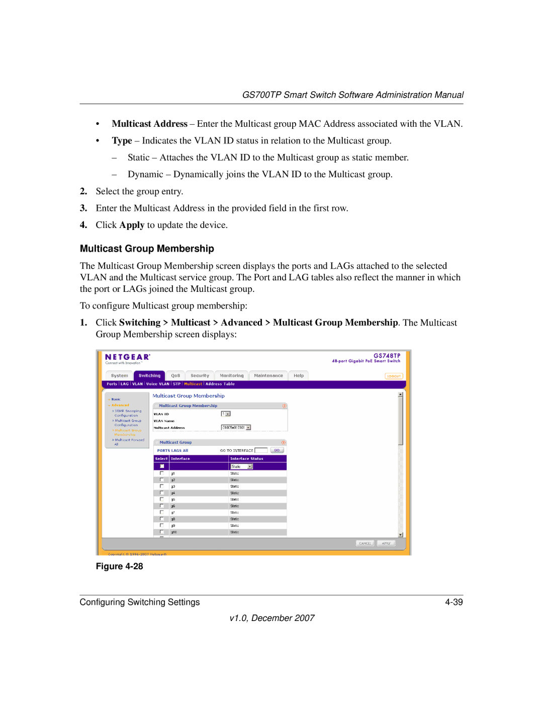 NETGEAR GS700TP manual Multicast Group Membership 