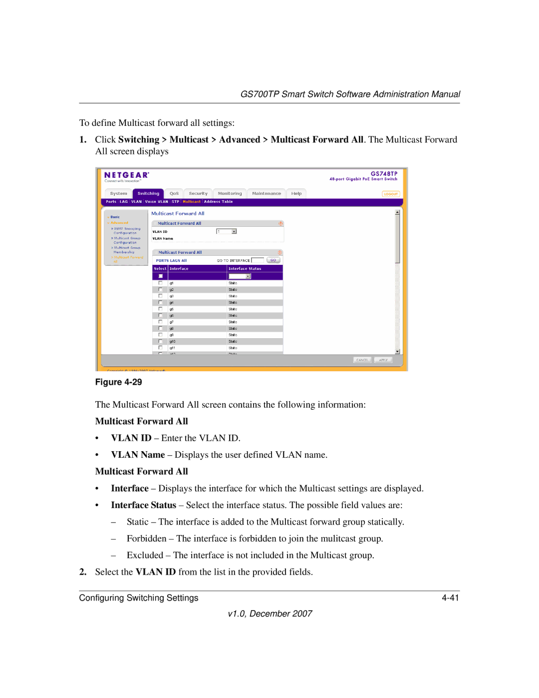 NETGEAR GS700TP manual Multicast Forward All 