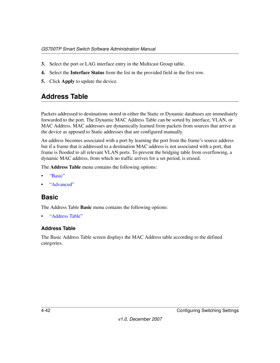 NETGEAR GS700TP manual Address Table 