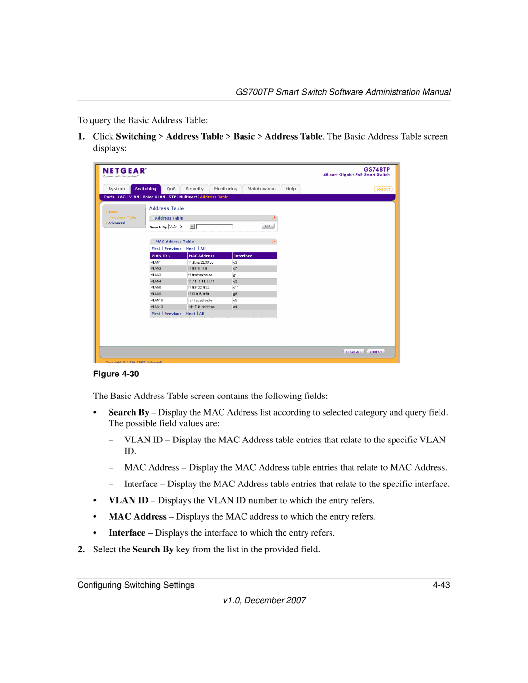 NETGEAR GS700TP manual To query the Basic Address Table 