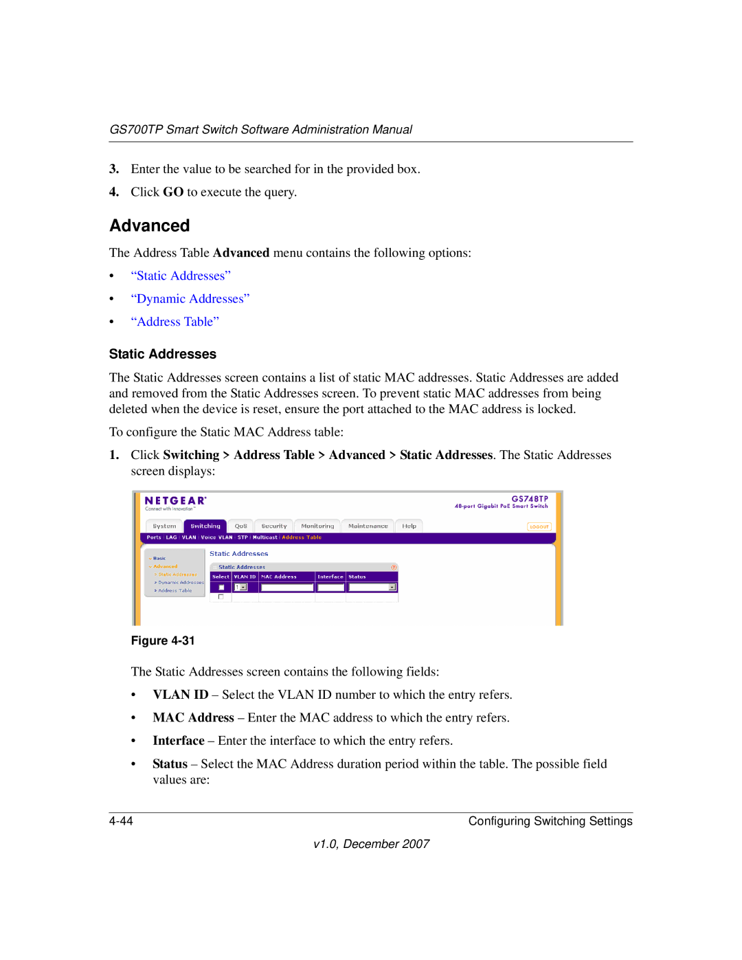 NETGEAR GS700TP manual Advanced, Static Addresses 