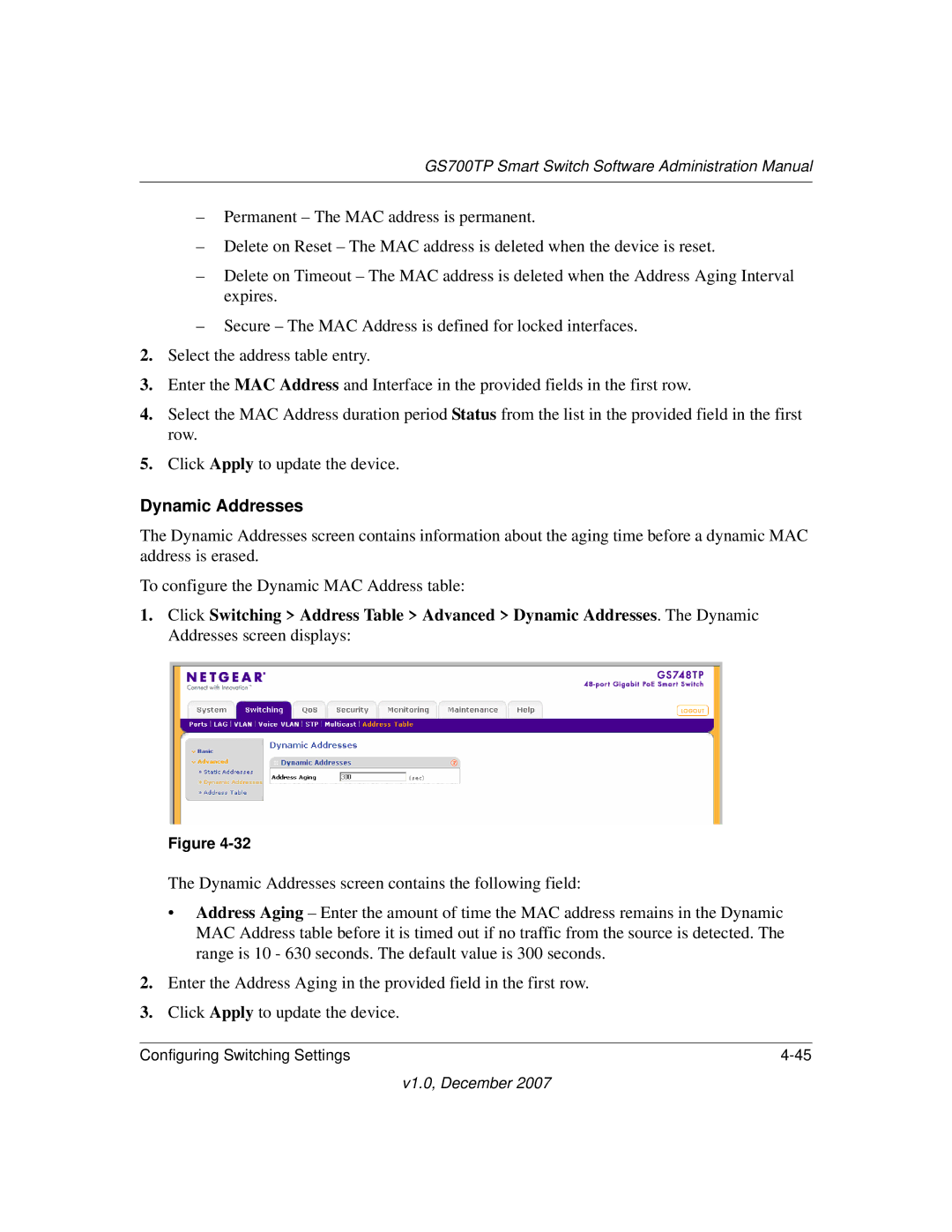 NETGEAR GS700TP manual Dynamic Addresses 