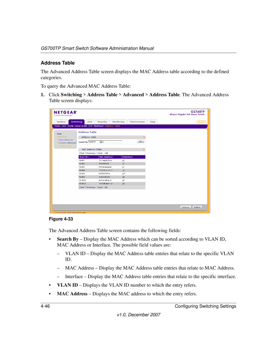 NETGEAR GS700TP manual Address Table 