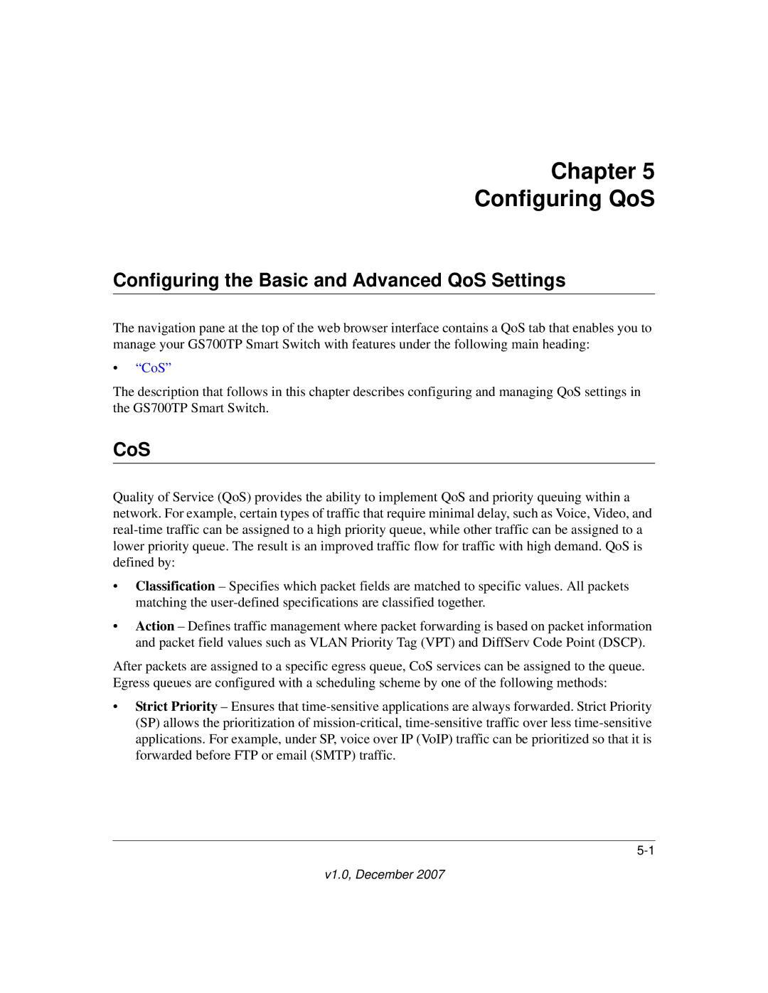 NETGEAR GS700TP manual Chapter Configuring QoS, Configuring the Basic and Advanced QoS Settings, CoS 