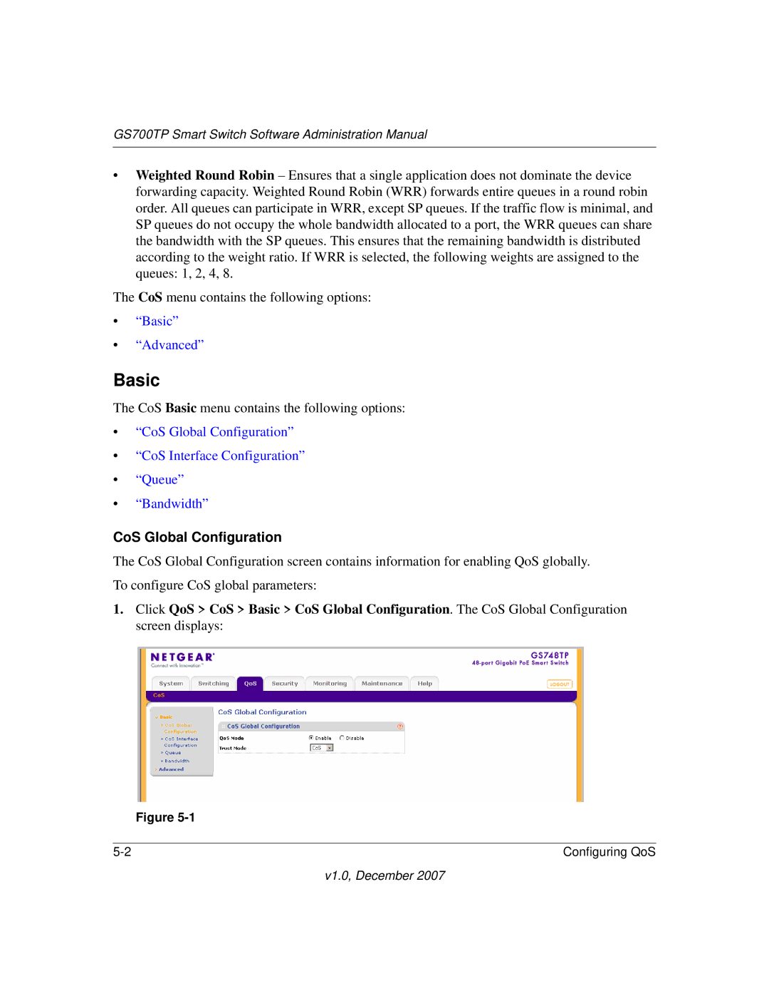 NETGEAR GS700TP manual Basic, CoS Global Configuration 