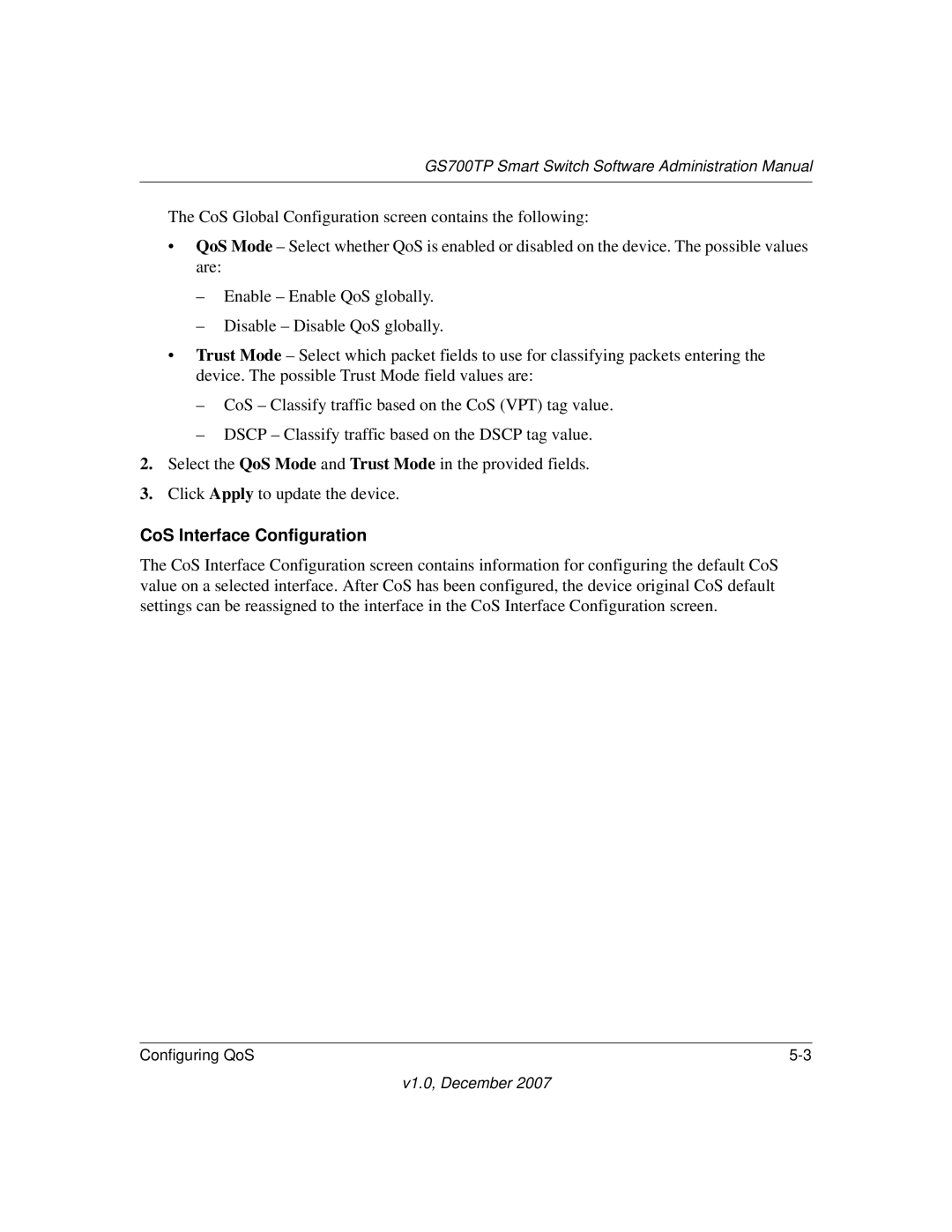 NETGEAR GS700TP manual CoS Interface Configuration 