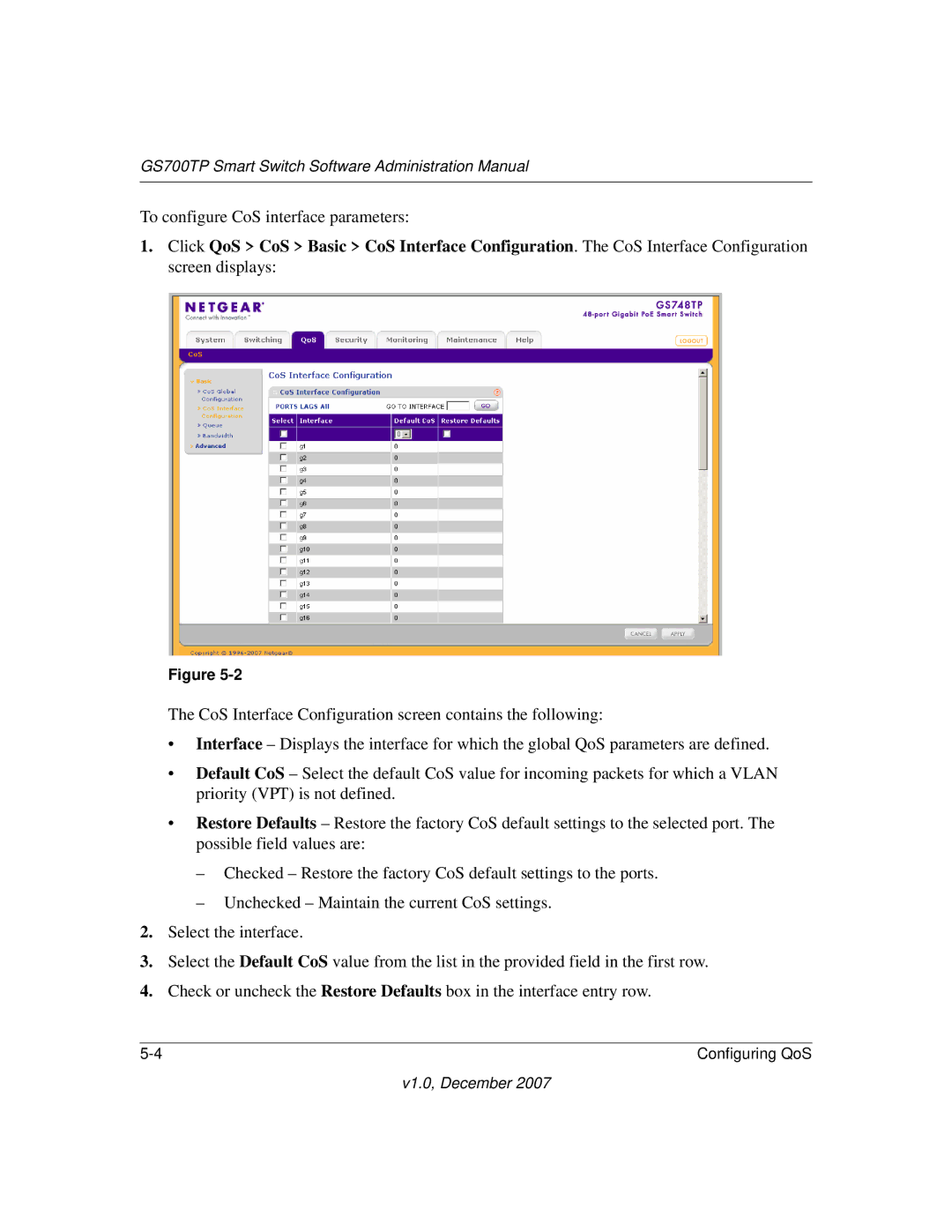 NETGEAR GS700TP manual To configure CoS interface parameters 