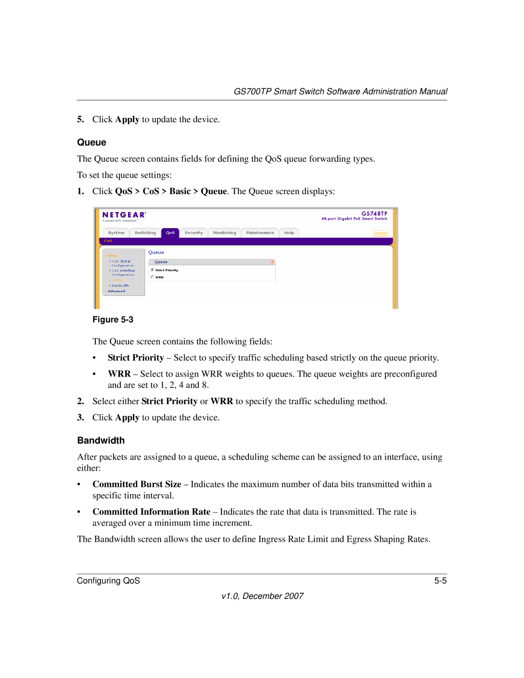 NETGEAR GS700TP manual Queue, Bandwidth 