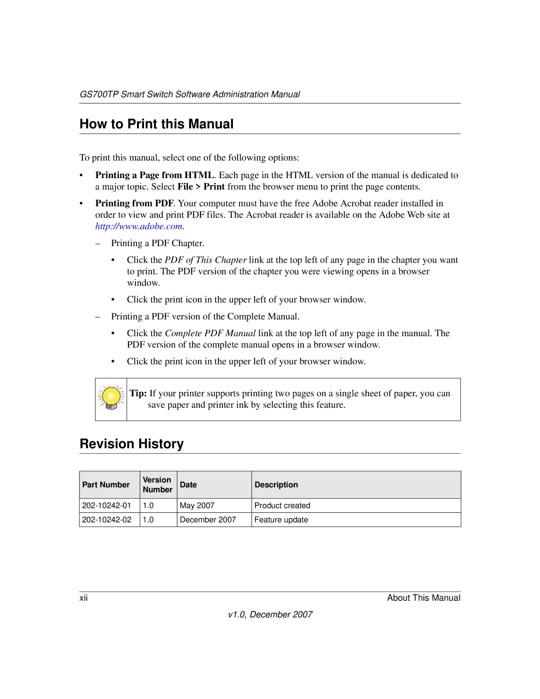 NETGEAR GS700TP manual How to Print this Manual, Revision History 