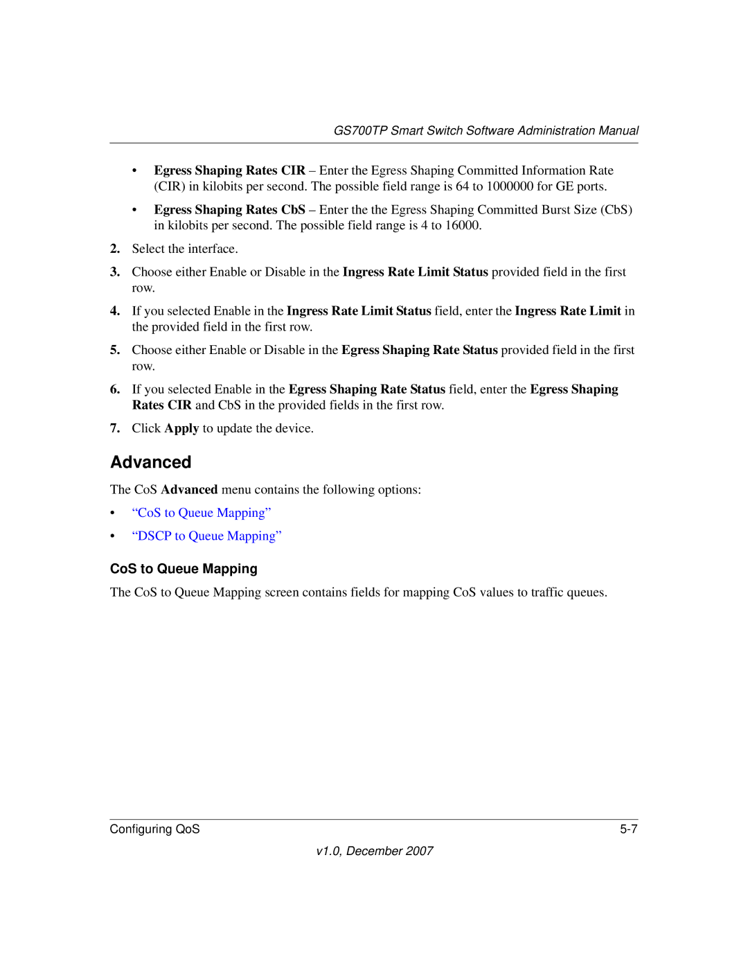 NETGEAR GS700TP manual Advanced, CoS to Queue Mapping 