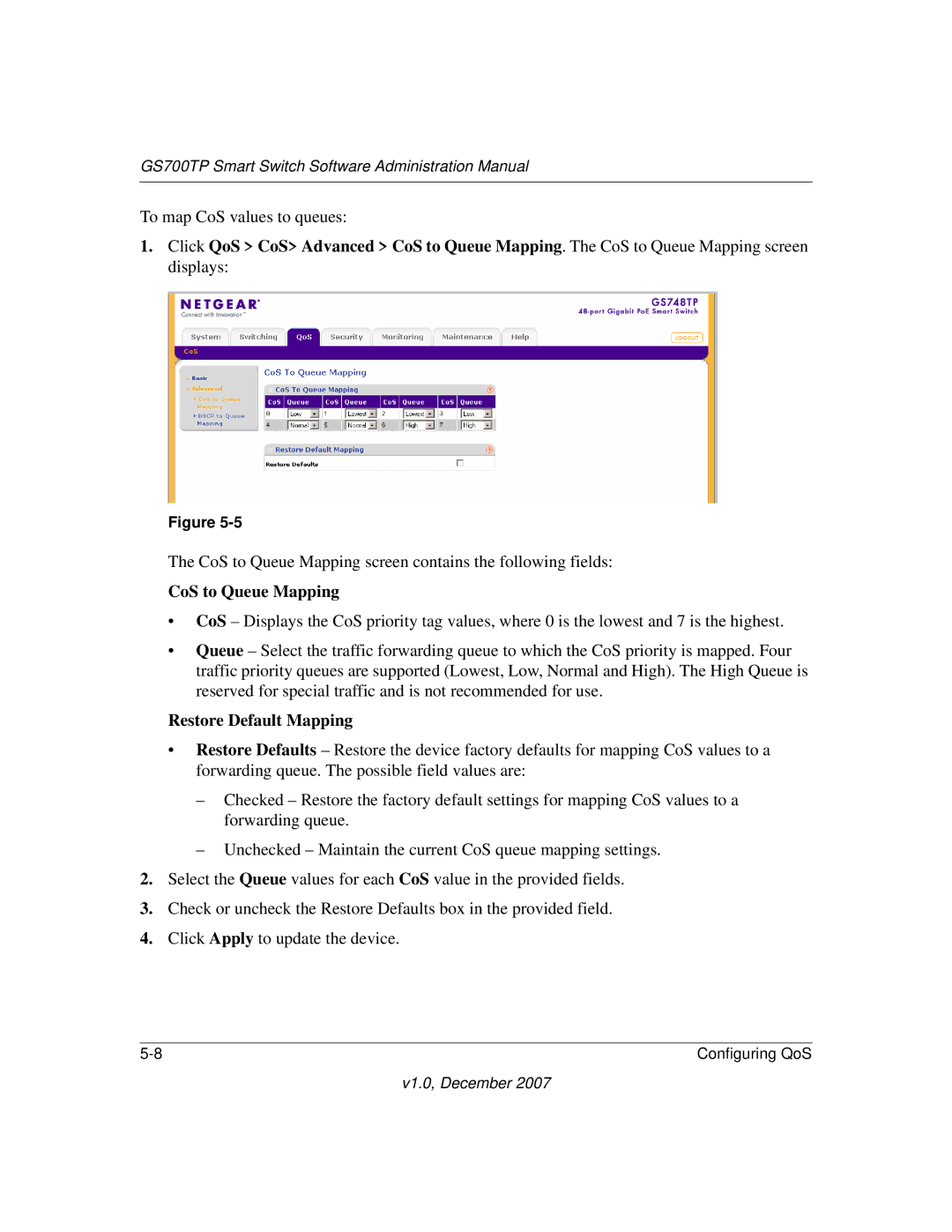 NETGEAR GS700TP manual CoS to Queue Mapping, Restore Default Mapping 