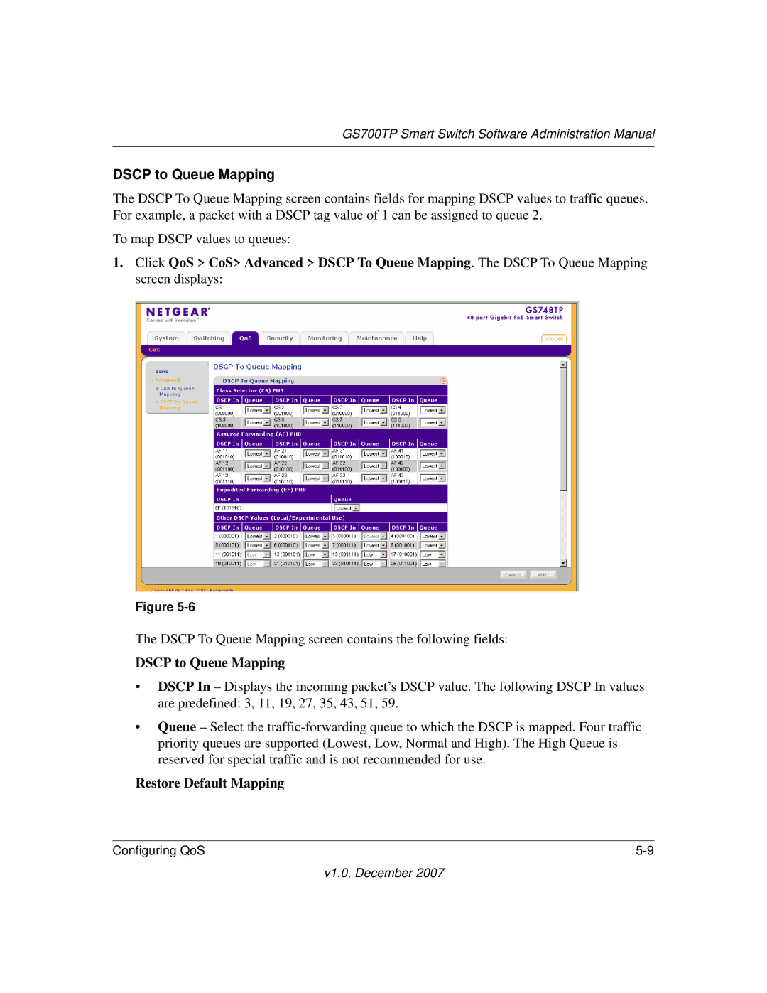 NETGEAR GS700TP manual Dscp to Queue Mapping 