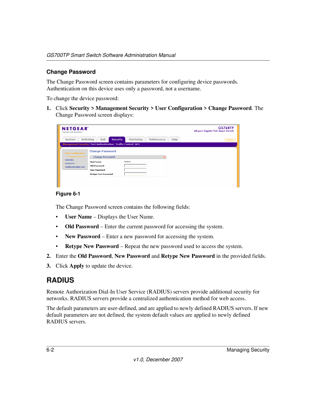 NETGEAR GS700TP manual Radius, Change Password 